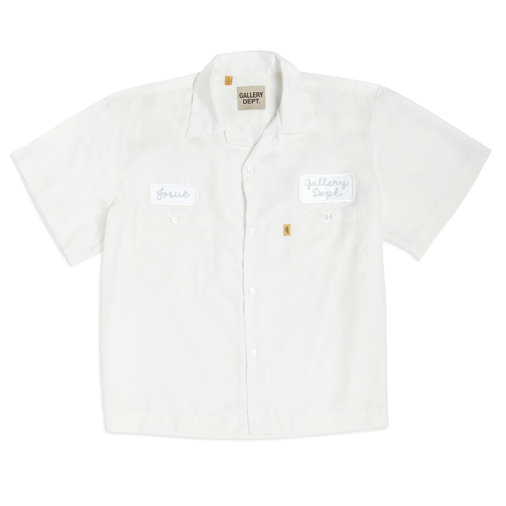 GALLERY DEPT ANTIQUE WHITE MECHANIC EMBROIDERED PATCH SLEEVE BUTTON UP SHIRT