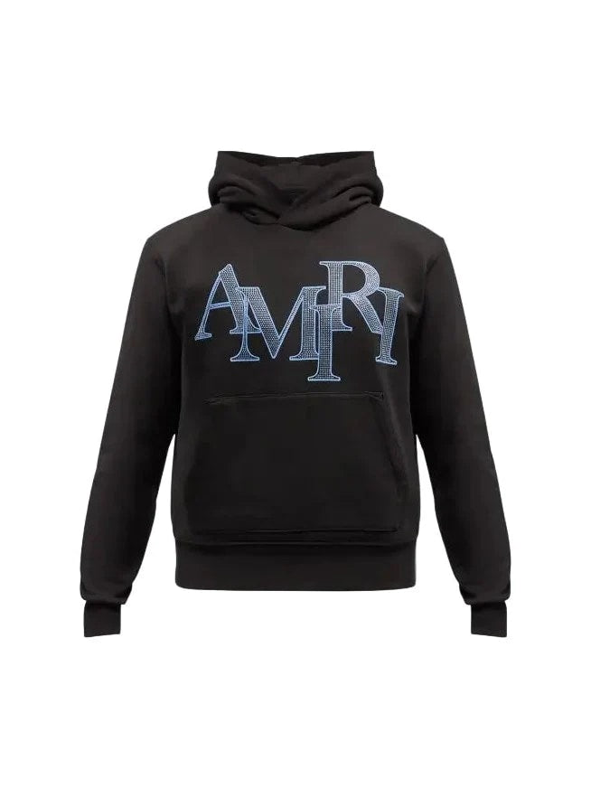 AMIRI BLACK AND BLUE CRYSTAL STAGGERED LOGO HOODIE