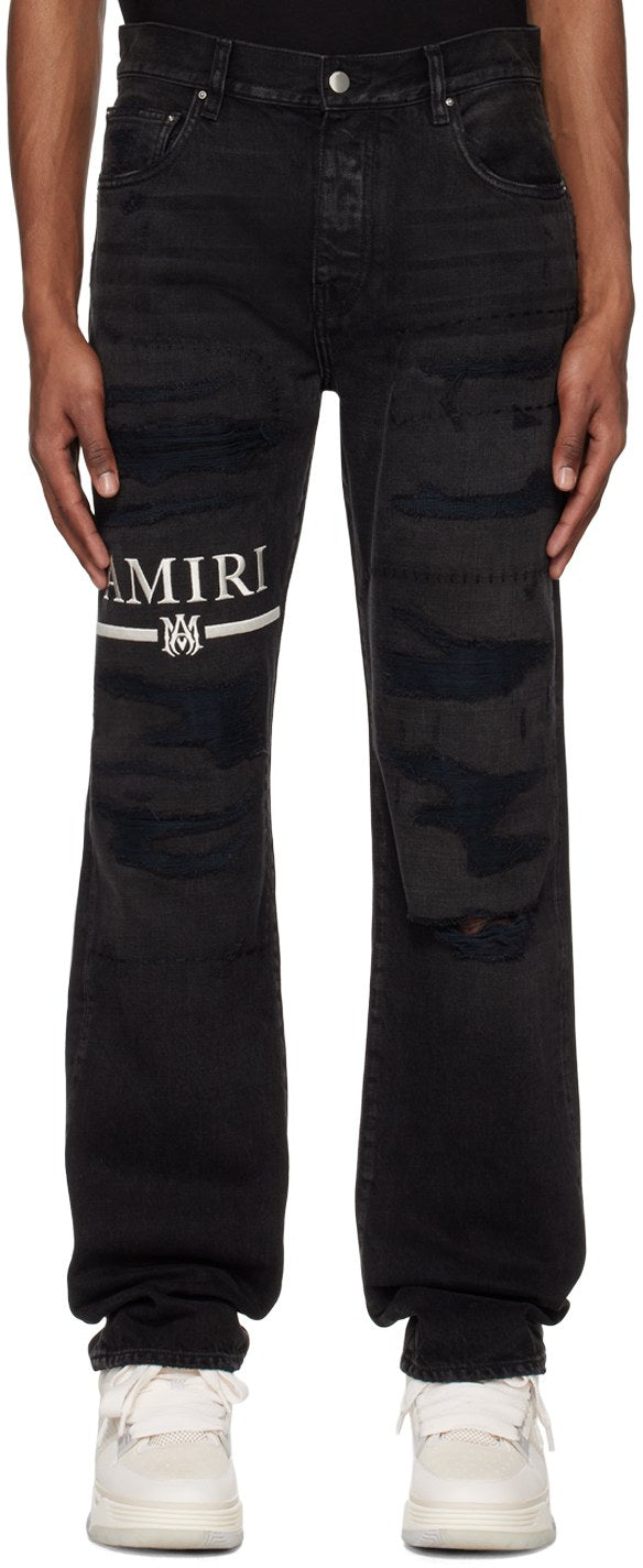 AMIRI MA BAR LOGO RIPPED & REPAIRED STRAIGHT LEG JEANS BLACK