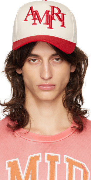 AMIRI WHITE & RED STAGGERED LOGO TRUCKER HAT