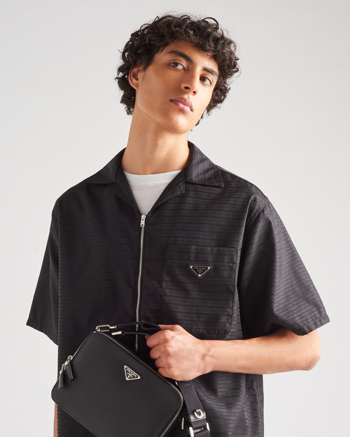 PRADA RE-NYLON ZIP UP LOGO JACKET BLACK