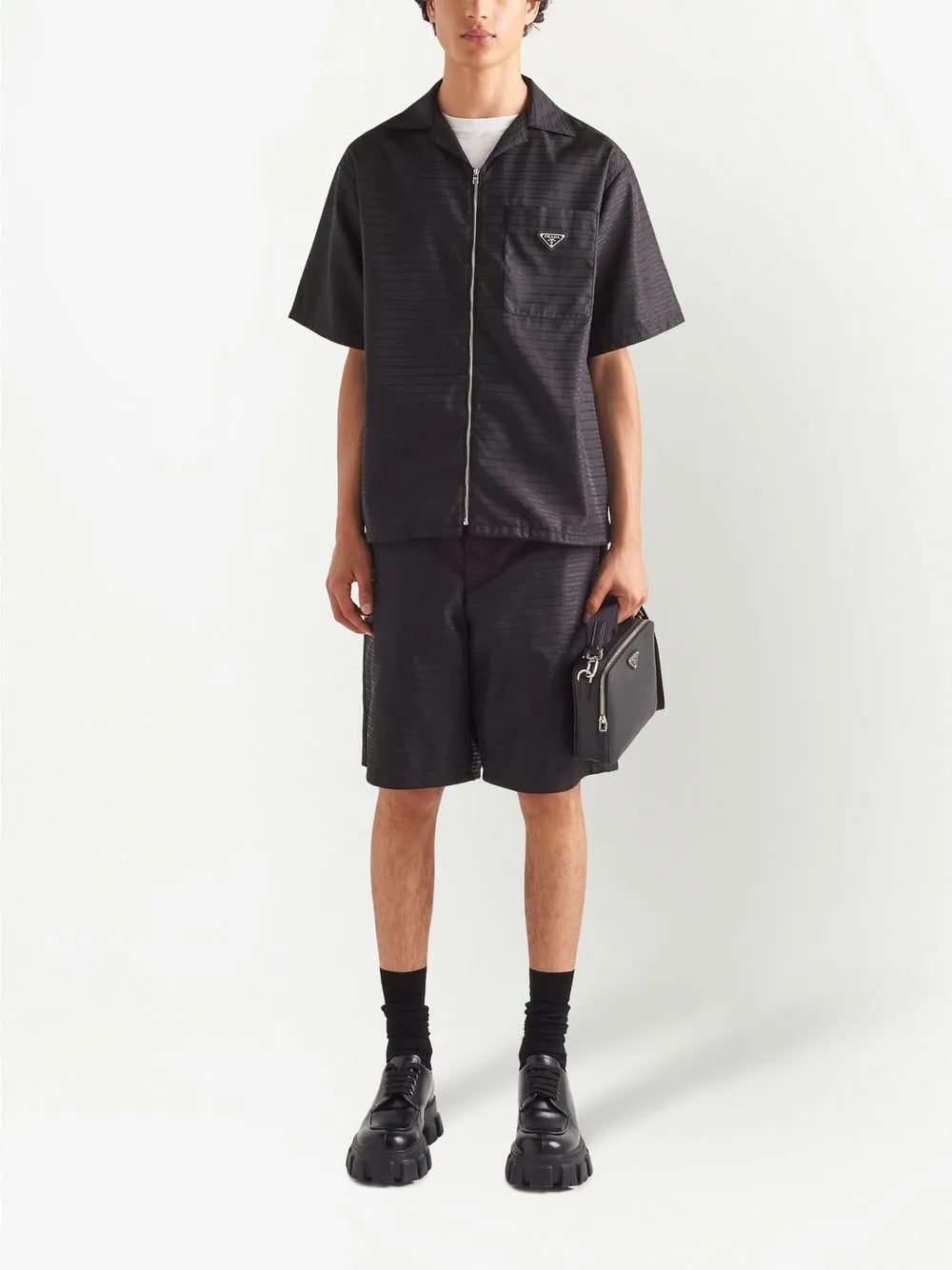 PRADA RE-NYLON ZIP UP LOGO JACKET BLACK