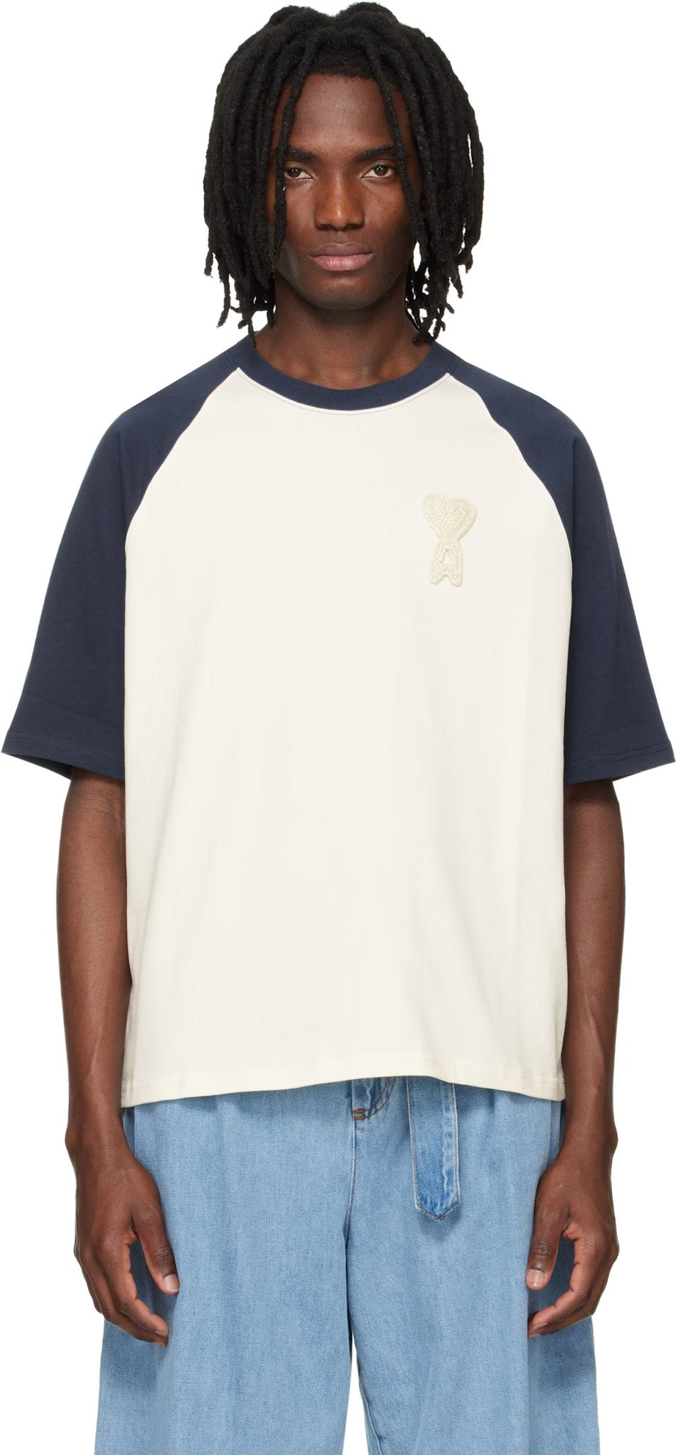 AMI PARIS BEIGE BLEU LOGO BLUE T-SHIRT