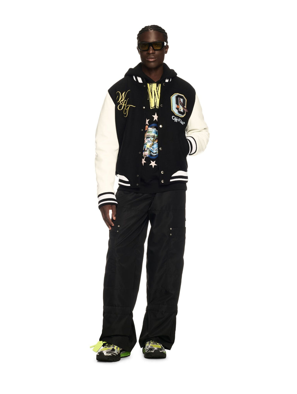 OFF WHITE LEATHER WOOL VARSITY CRYSTALS JACKET