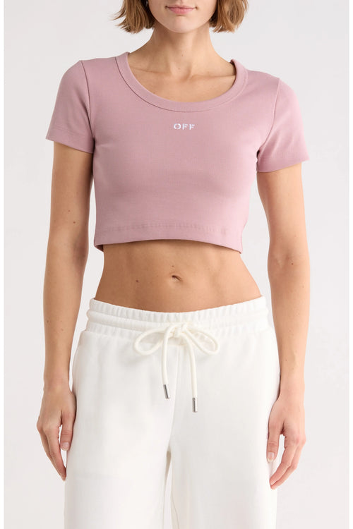 OFF WHITE RIBBED OFF CROP T-SHIRT PINK