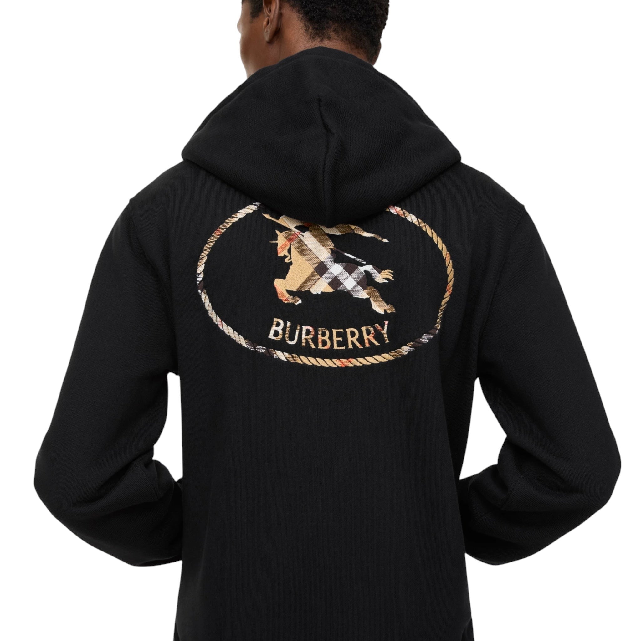 BURBERRY CHECK KNIGHT BLACK STAMP COTTON ZIP UP HOODIE