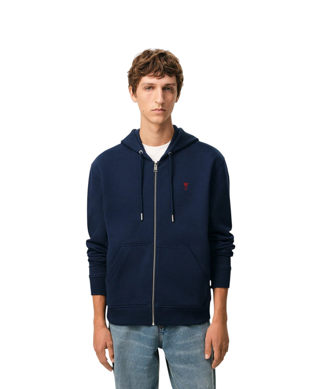 AMI PARIS BLUE COTTON RED AMI DE COEUR ZIP UP HOODIE