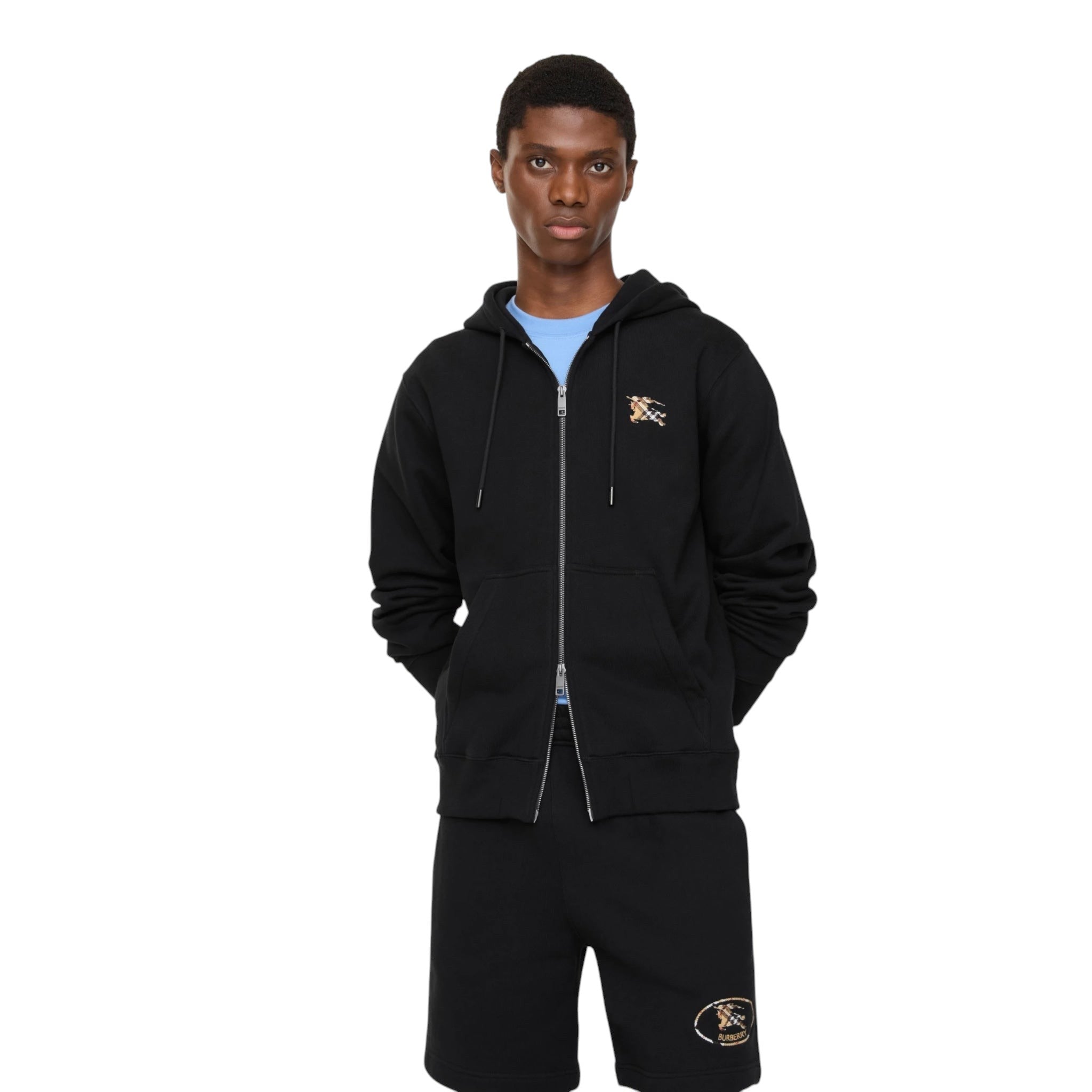 BURBERRY CHECK KNIGHT BLACK STAMP COTTON ZIP UP HOODIE