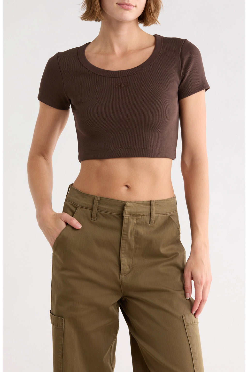 OFF WHITE RIBBED OFF CROP T-SHIRT BROWN