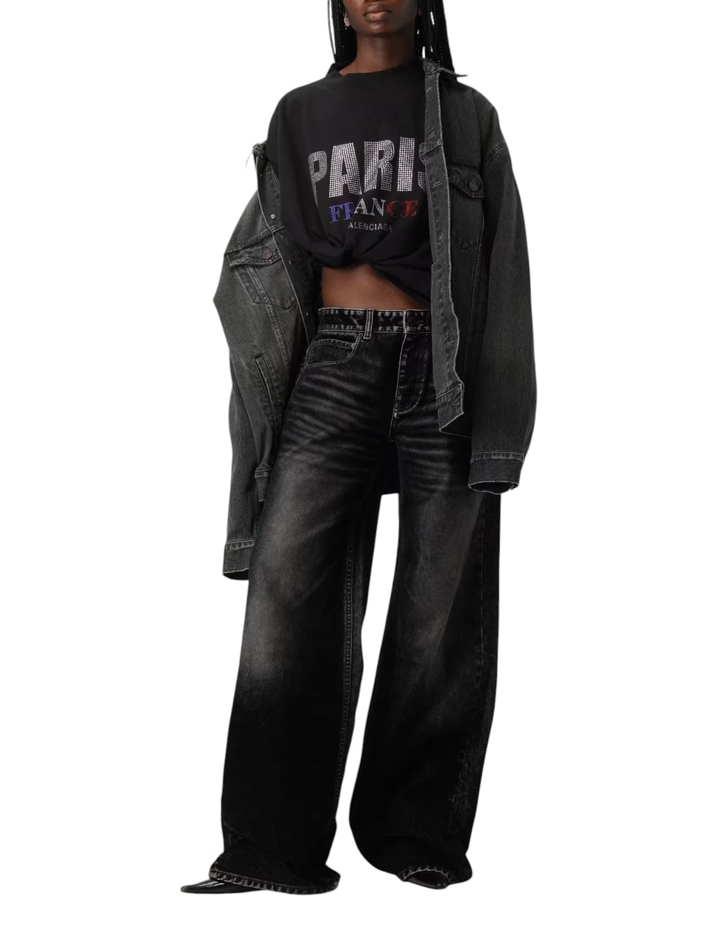 BALENCIAGA BLACK 'PARIS' STRASS JERSEY CROPP T-SHIRT