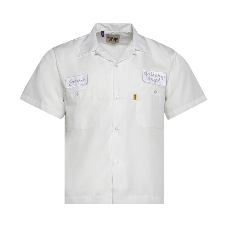 GALLERY DEPT ANTIQUE WHITE MECHANIC EMBROIDERED PATCH SLEEVE BUTTON UP SHIRT