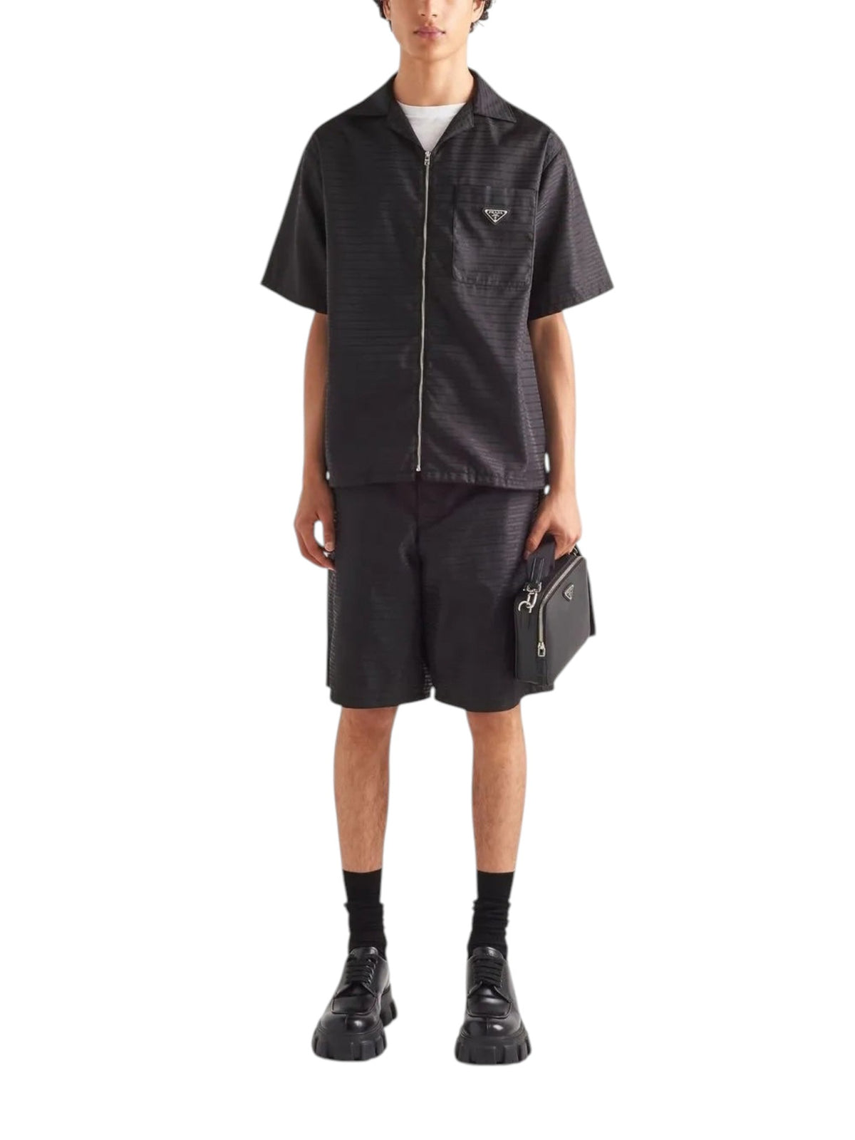 PRADA RE-NYLON ZIP UP LOGO JACKET BLACK