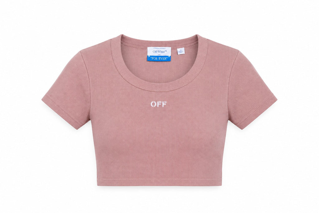 OFF WHITE RIBBED OFF CROP T-SHIRT PINK