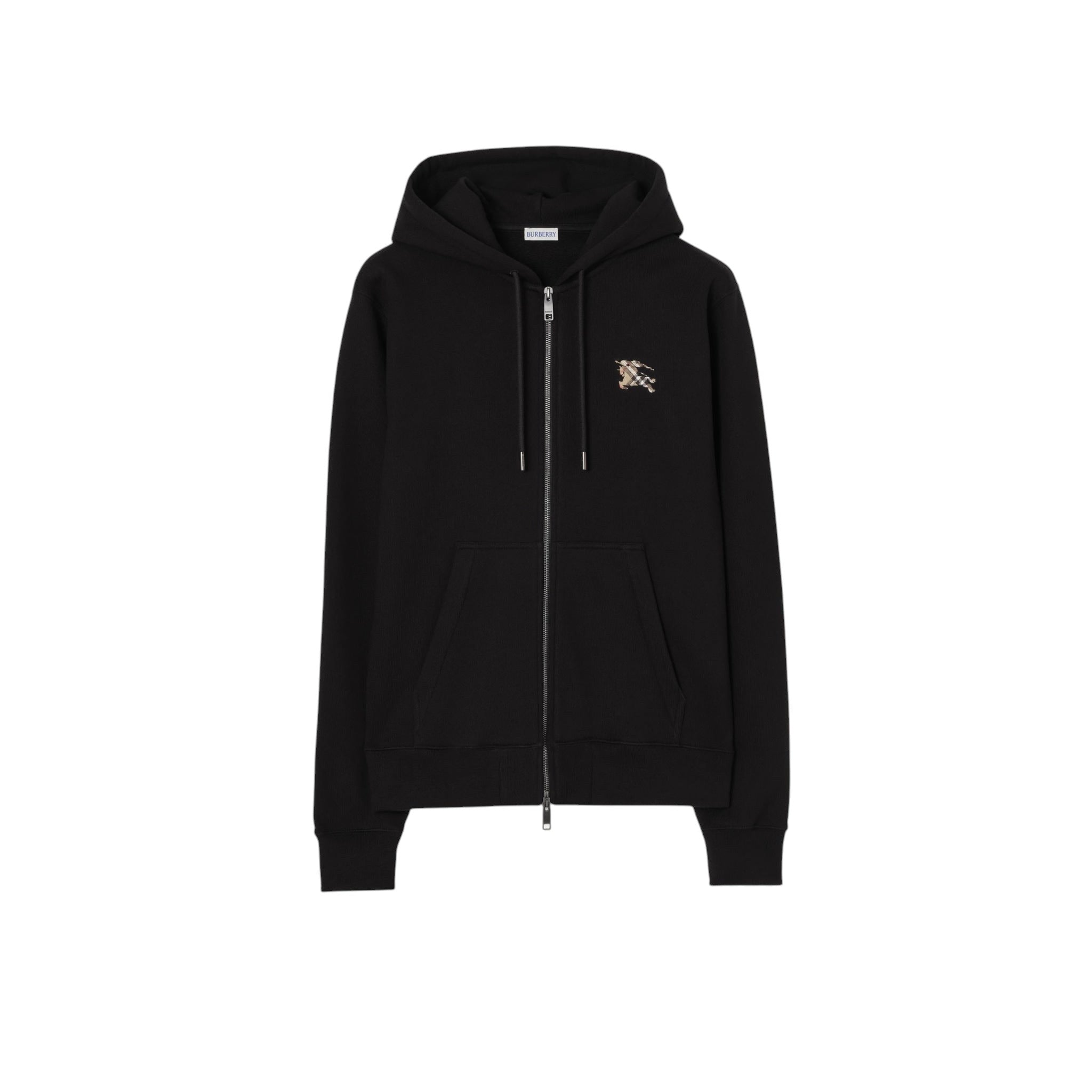 BURBERRY CHECK KNIGHT BLACK STAMP COTTON ZIP UP HOODIE