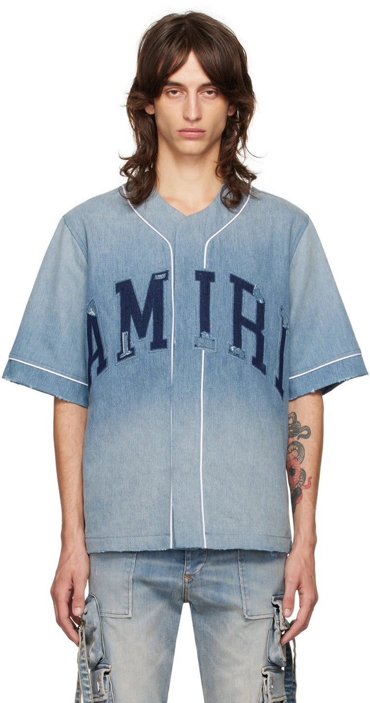 AMIRI BLUE SUNFADED BASEBALL DENIM SHIRT