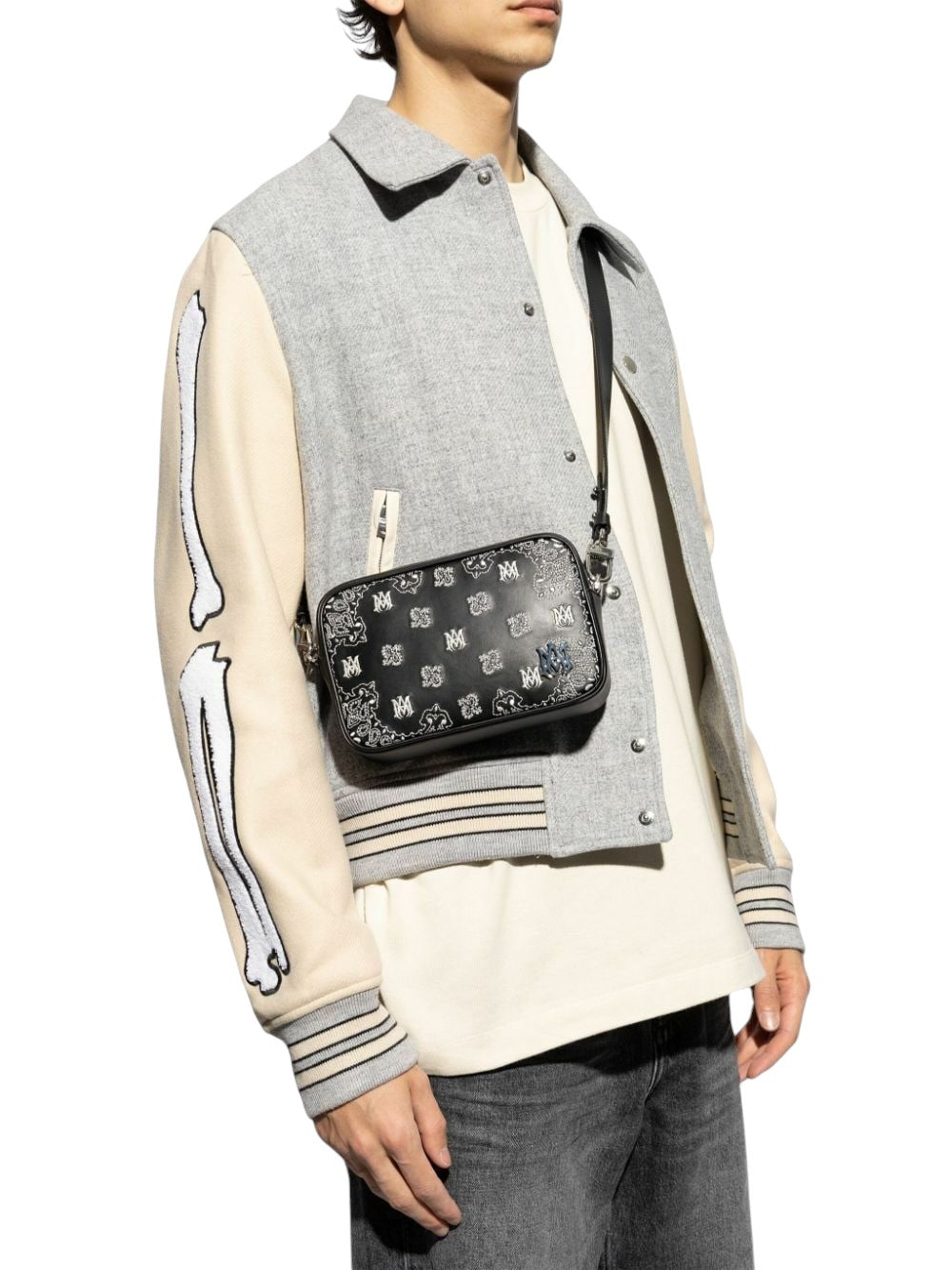 AMIRI BLACK BANDANA MA-EMBROIDERED LEATHER CAMERA BAG