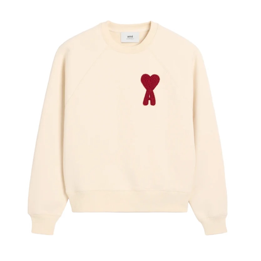 AMI PARIS PATCH HEART RED CREWNECK WHITE CREAM