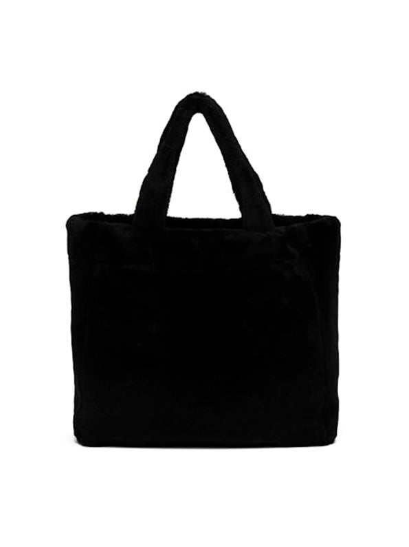 Prada Shearling Tote Bag Intarsia Logo Black/White
