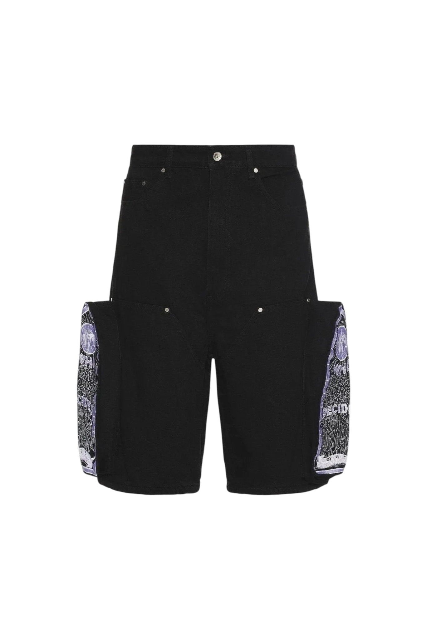 WHO DECIDES WAR EMBROIDERED CARPENTER CARGO BLACK DENIM SHORT
