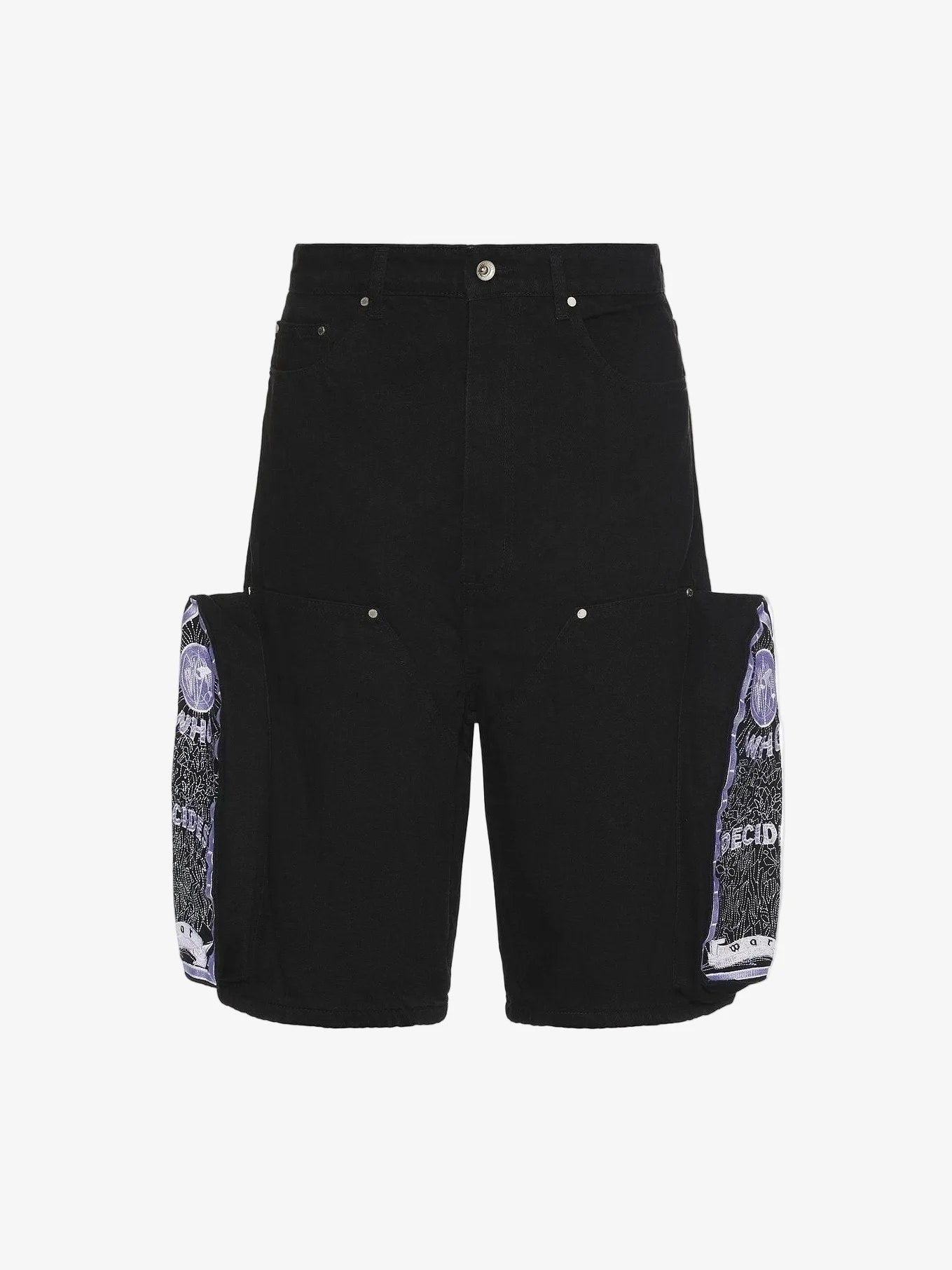 WHO DECIDES WAR EMBROIDERED CARPENTER CARGO BLACK DENIM SHORT
