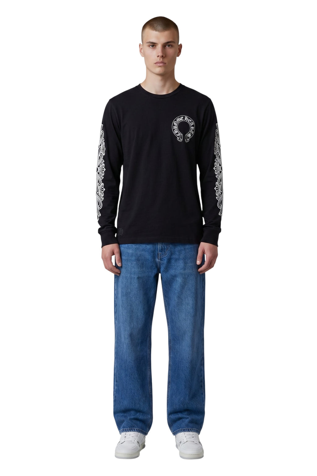 CHROME HEARTS HORSESHOE FLORAL SLEEVE WAFFLE THERMAL T-SHIRT BLACK