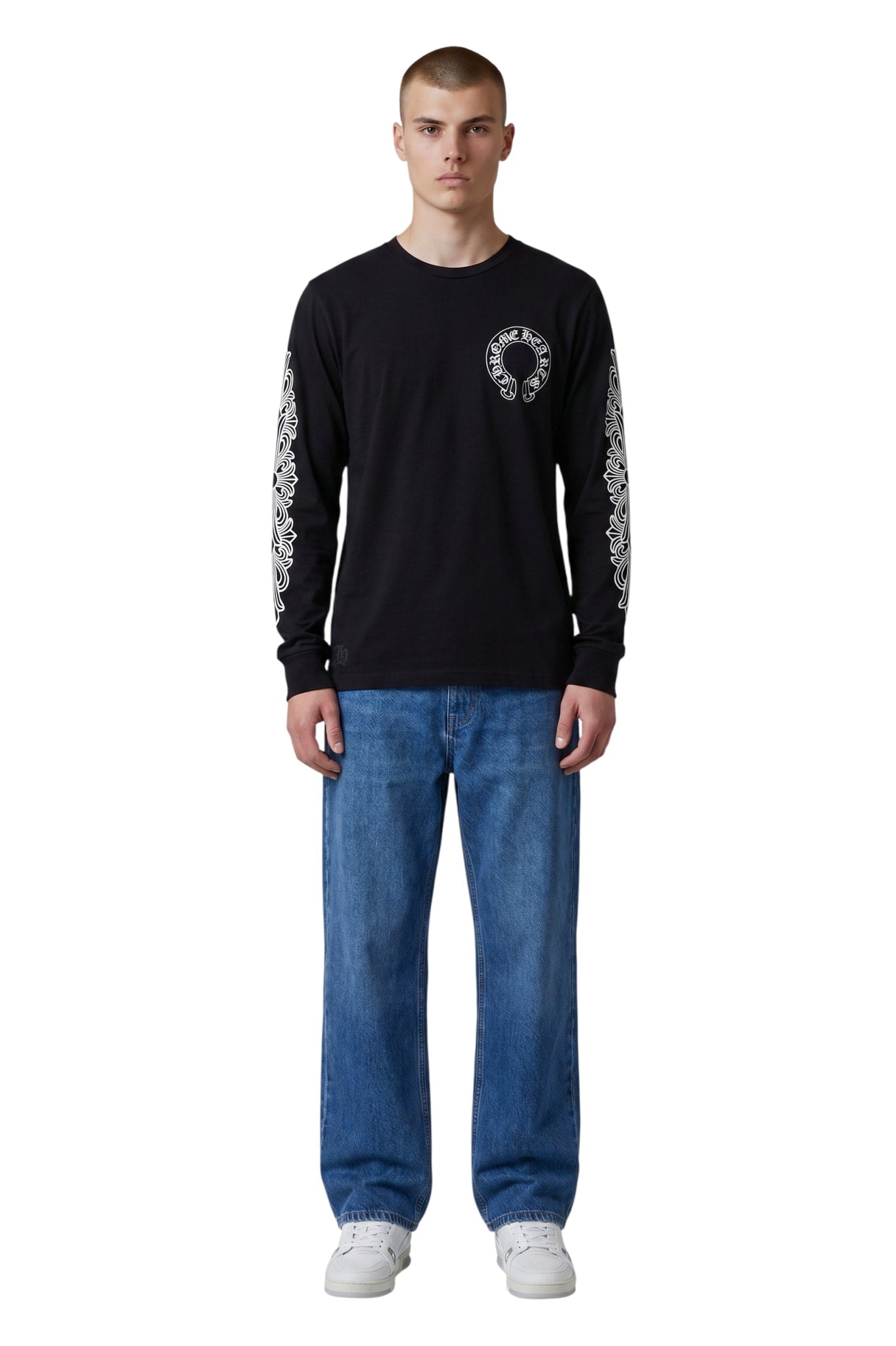 CHROME HEARTS HORSESHOE FLORAL SLEEVE WAFFLE THERMAL T-SHIRT BLACK