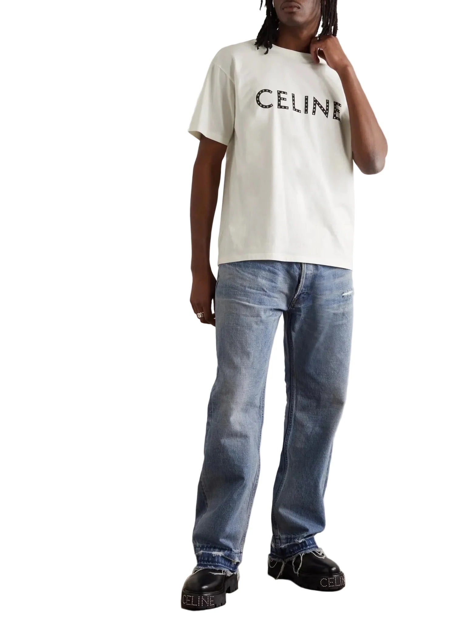 CELINE STARS RHINESTONE LOGO WHITE T SHIRT