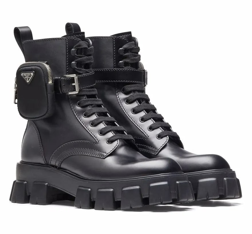 PRADA MONOLITH LEATHER RE-NYLON BOOTS WITH POUCH