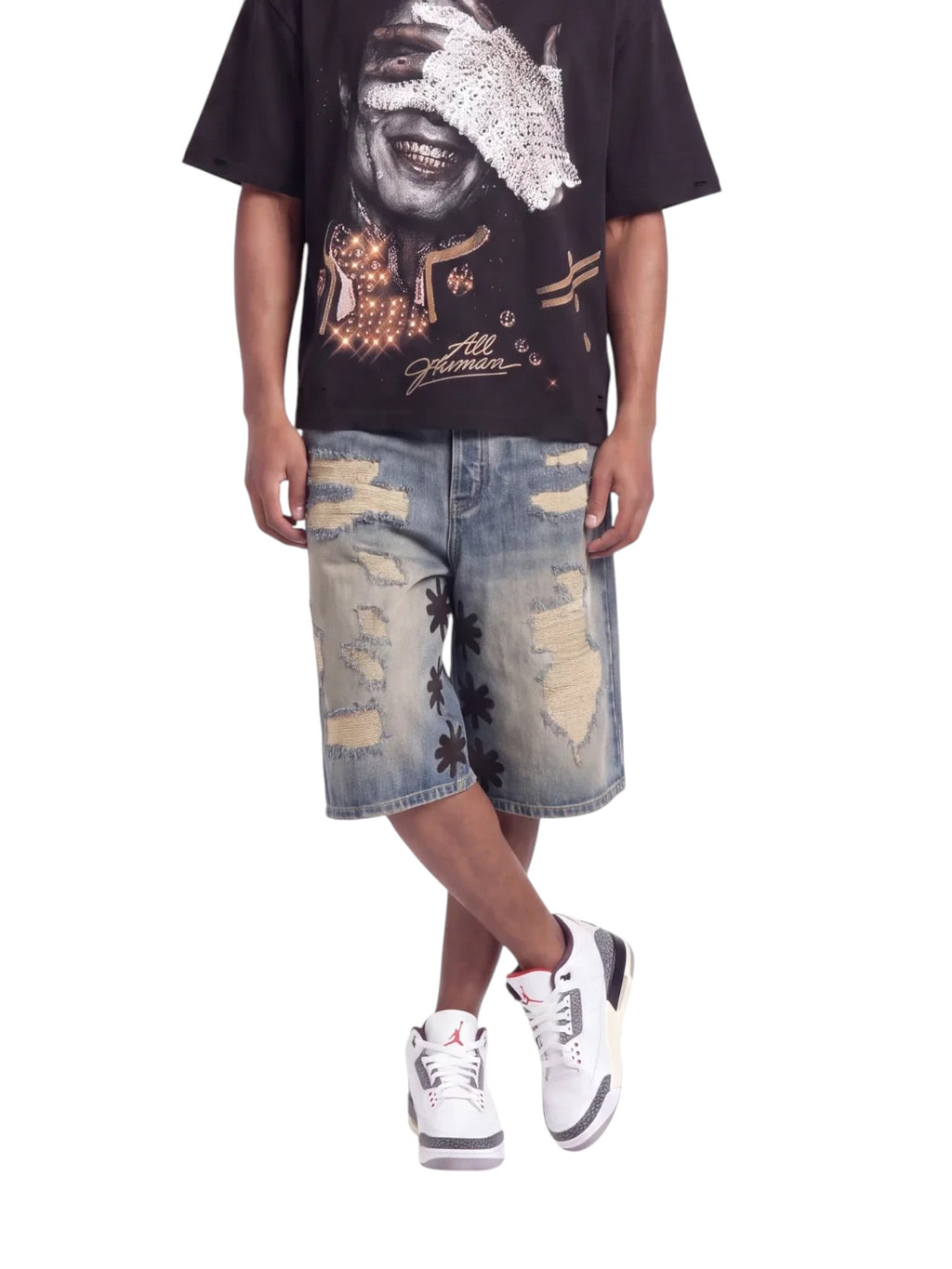 LOST SHDWS DISTRESSED DENIM SHORTS BLUE BLACK