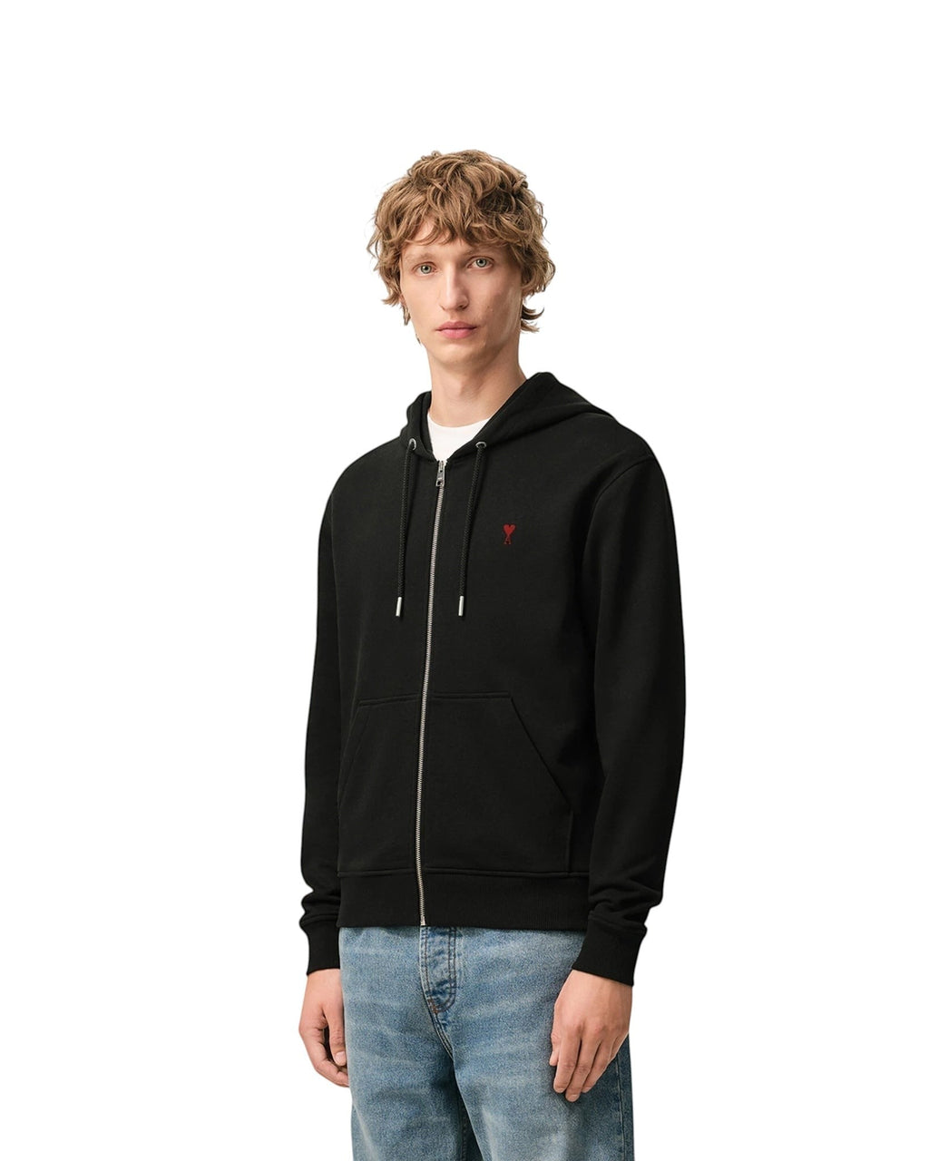 AMI PARIS BLACK COTTON RED AMI DE COEUR ZIP UP HOODIE