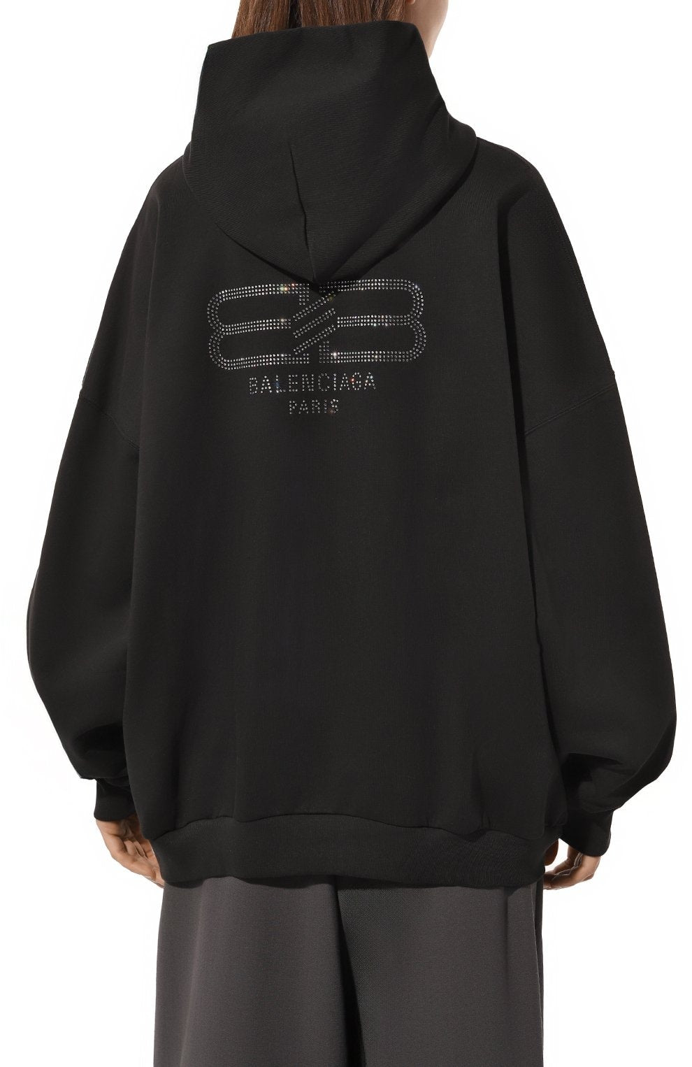 BALENCIAGA BB RHINESTONES BACK BLACK HOODIE