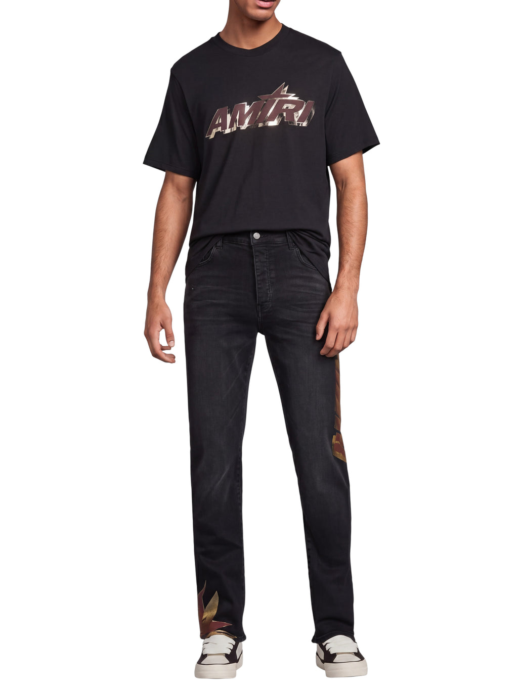 Vaqueros slim negros AMIRI Shadow de The Hype Company con detalles gráficos en el bajo y diseño de cinco bolsillos.