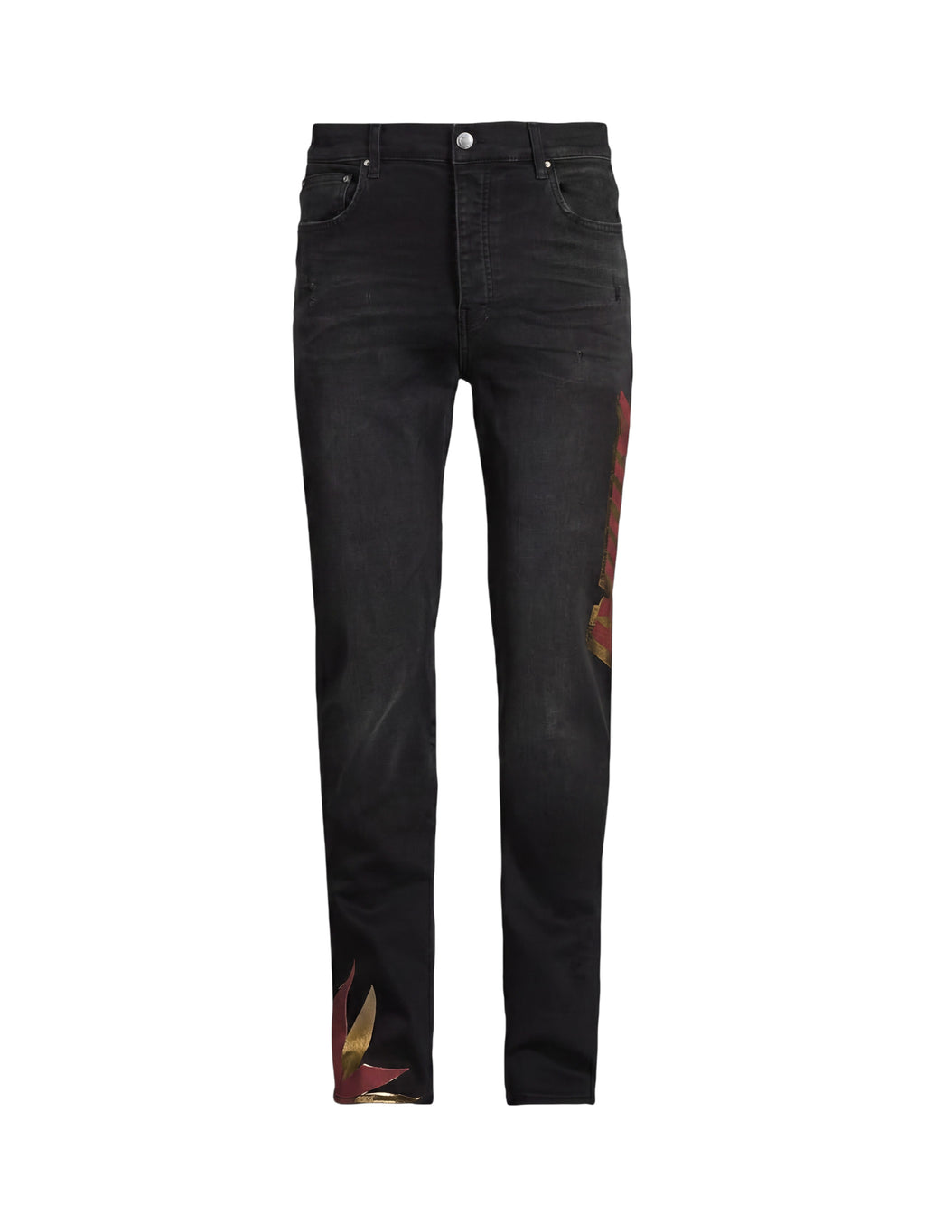 Vaqueros slim negros AMIRI Shadow de The Hype Company con detalles de llamas rojas y doradas en la pierna y el bajo