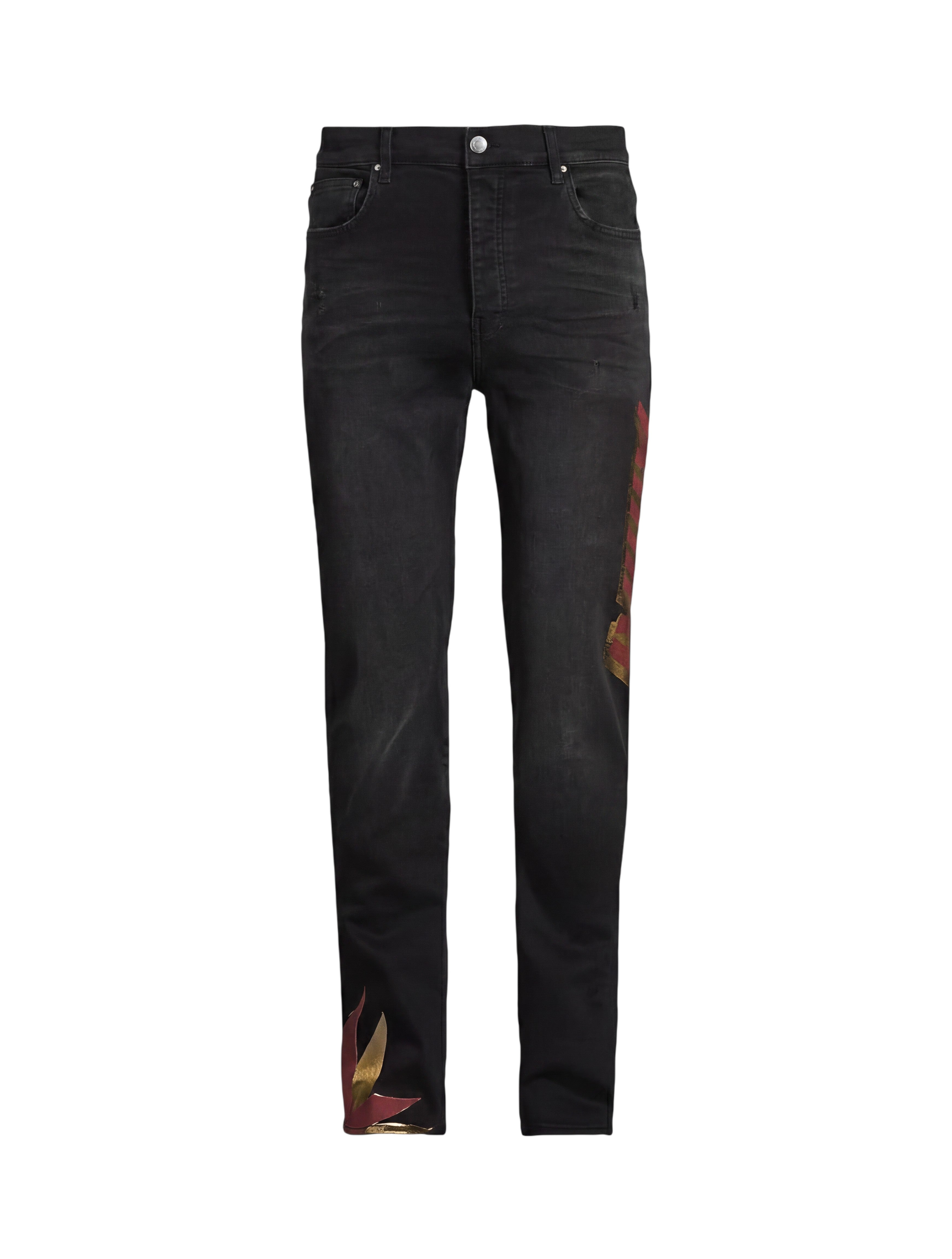 Vaqueros slim negros AMIRI Shadow de The Hype Company con detalles de llamas rojas y doradas en la pierna y el bajo
