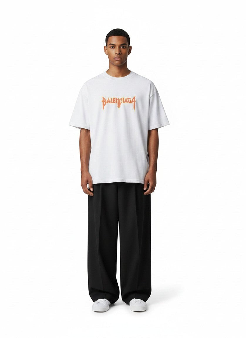The Hype Company white cotton oversized t-shirt with orange metallic Balenciaga logo print on chest.