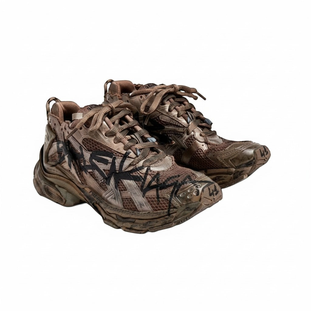 Zapatillas Balenciaga Runner Graffity marrones de The Hype Company con detalles desgastados y grafiti negro.