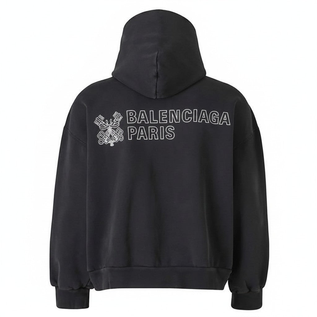 The Hype Company sudadera negra con cremallera y logo BALENCIAGA PARIS bordado en blanco.