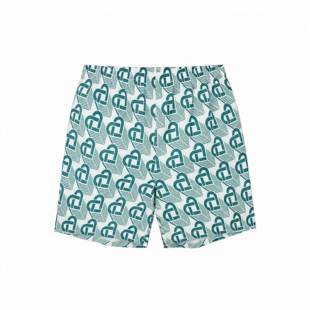 Bañador The Hype Company Casablanca con estampado de monograma verde y blanco, diseño de estilo veraniego.