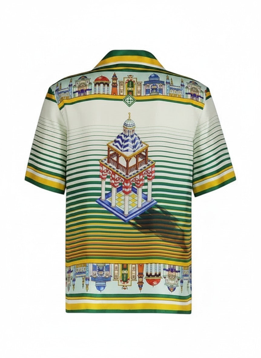 Camisa de seda The Hype Company con estampado gráfico arquitectónico multicolor y rayas horizontales