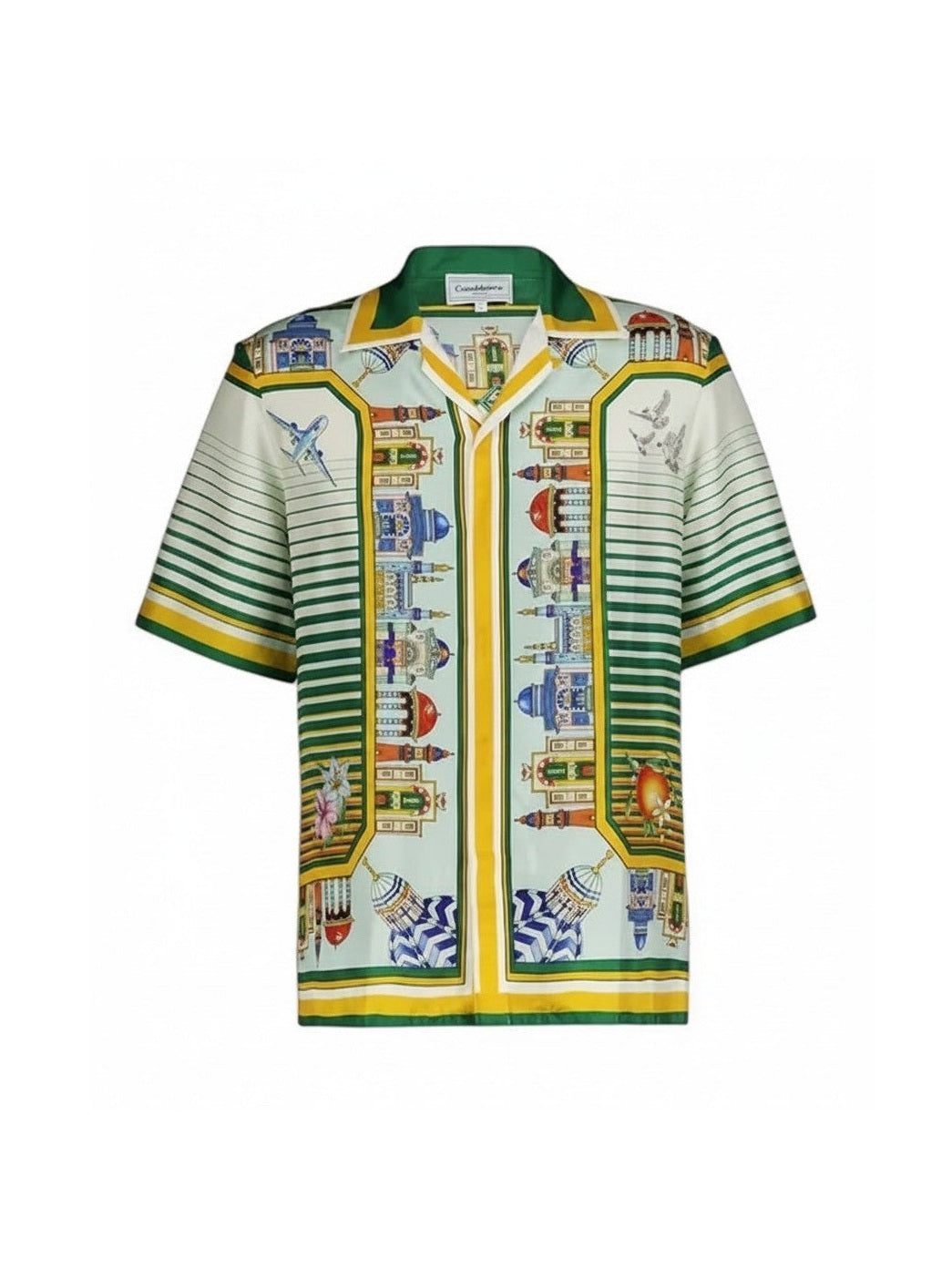Camisa de seda The Hype Company con estampado gráfico colorido, cuello de solapa y diseño de rayas verdes y amarillas.