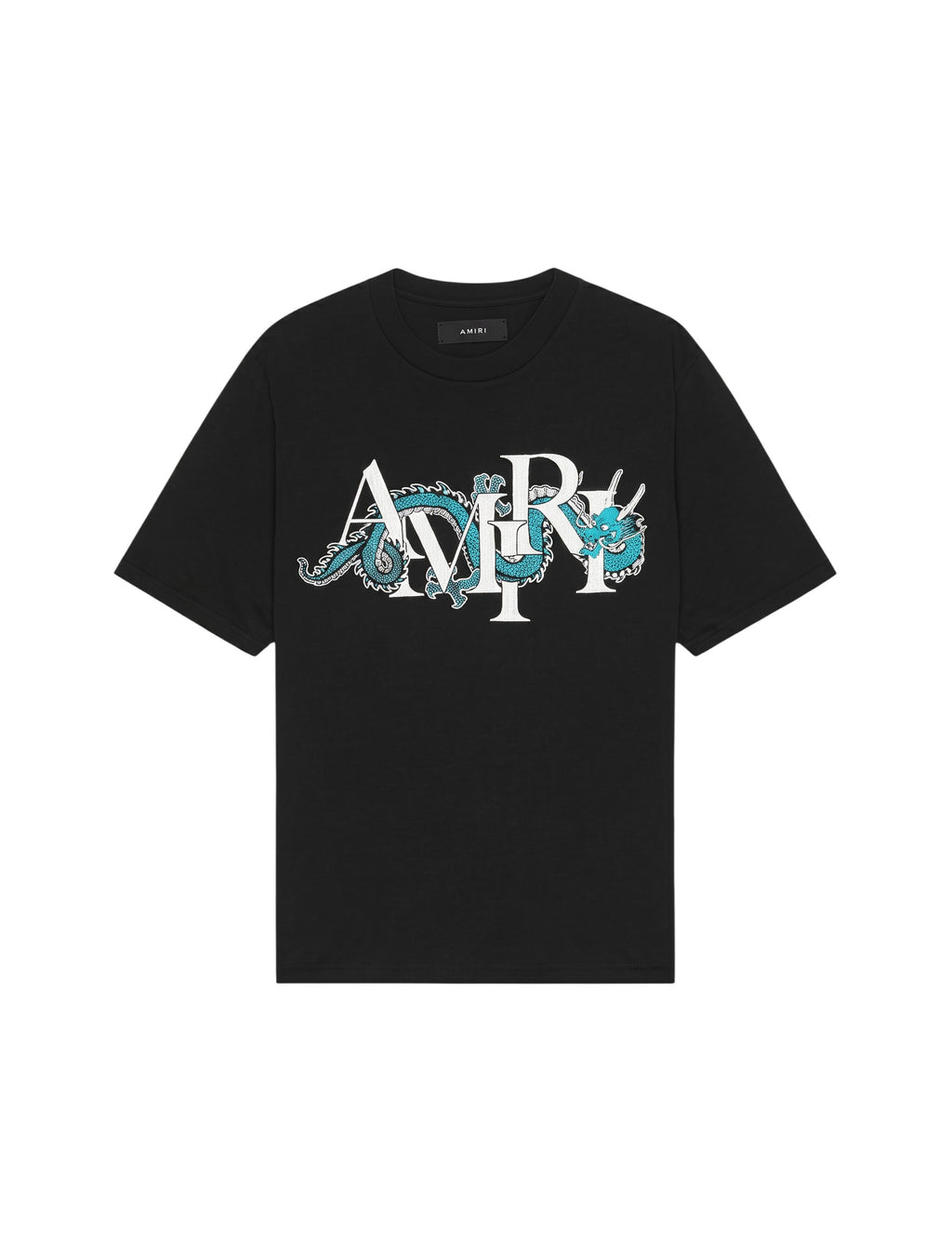 Camiseta negra The Hype Company con estampado de dragón azul y letras blancas AMIRI en el pecho