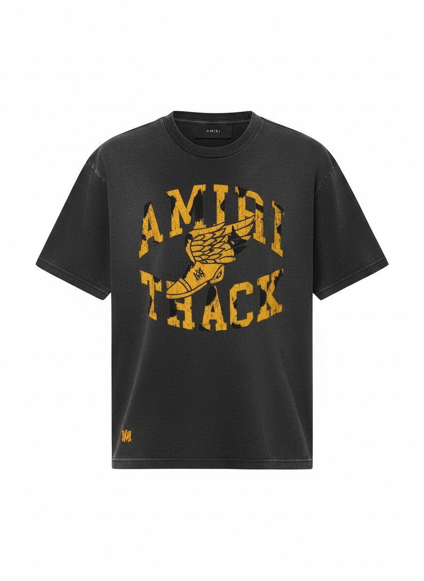 Camiseta The Hype Company AMIRI Track de algodón negro con estampado gráfico amarillo desgastado en el pecho