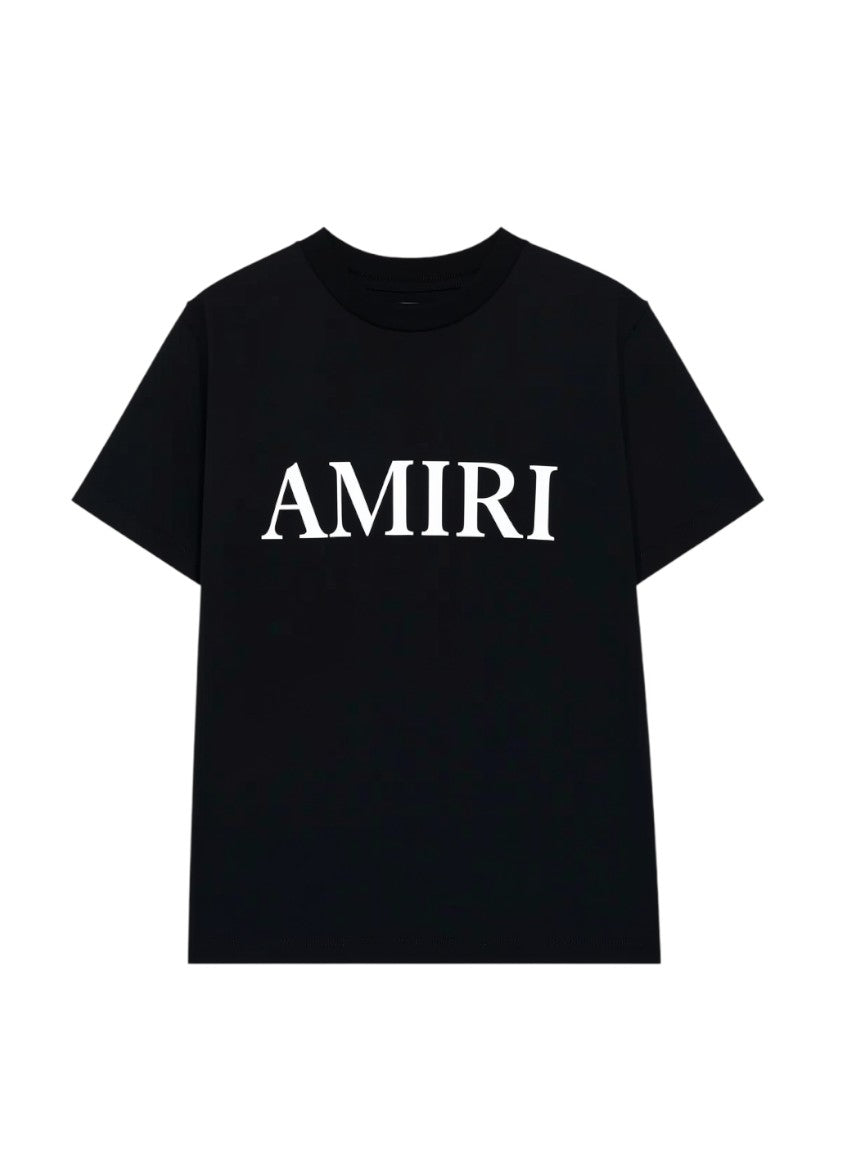 Camiseta negra de mujer The Hype Company con el logo AMIRI en blanco estampado en el pecho