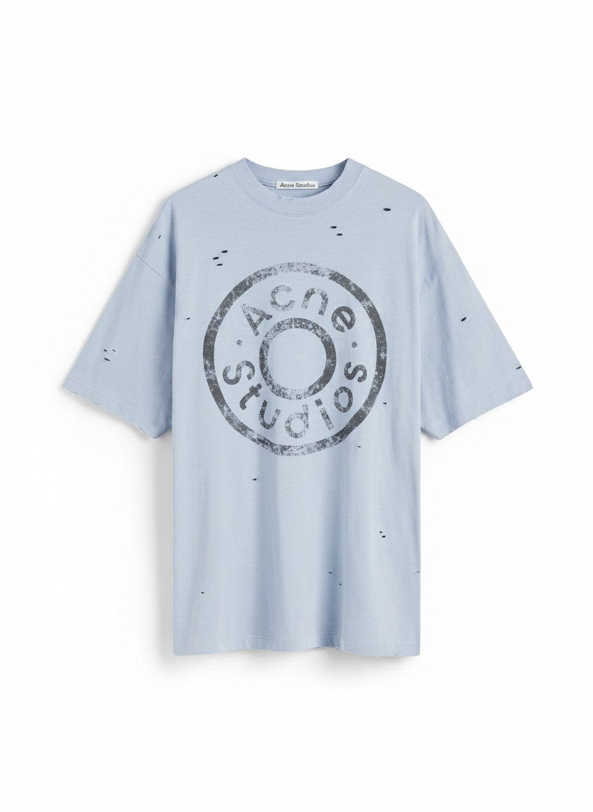Camiseta The Hype Company Acne Studios azul melange con logo circular desgastado y detalles de agujeros