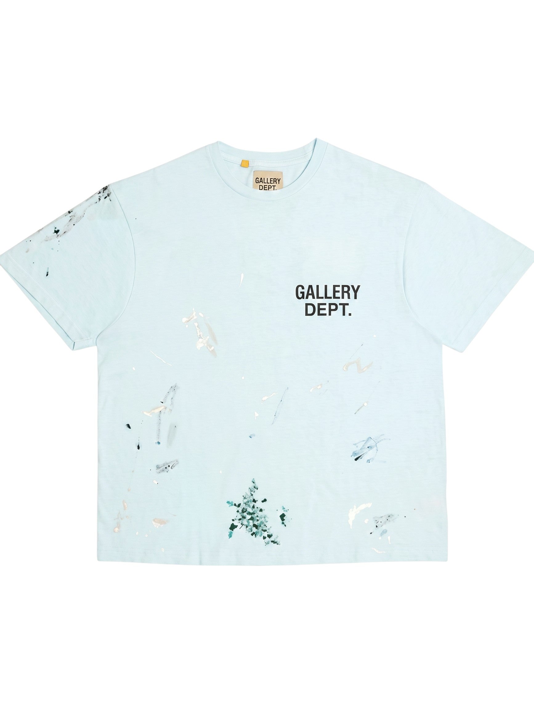 Camiseta The Hype Company GALLERY DEPT en azul claro con estampado de salpicaduras de pintura y logo en el pecho