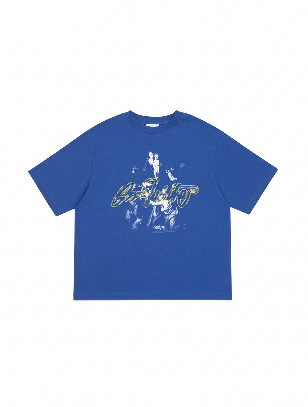 Camiseta azul The Hype Company con estampado gráfico central y logo script en amarillo y blanco