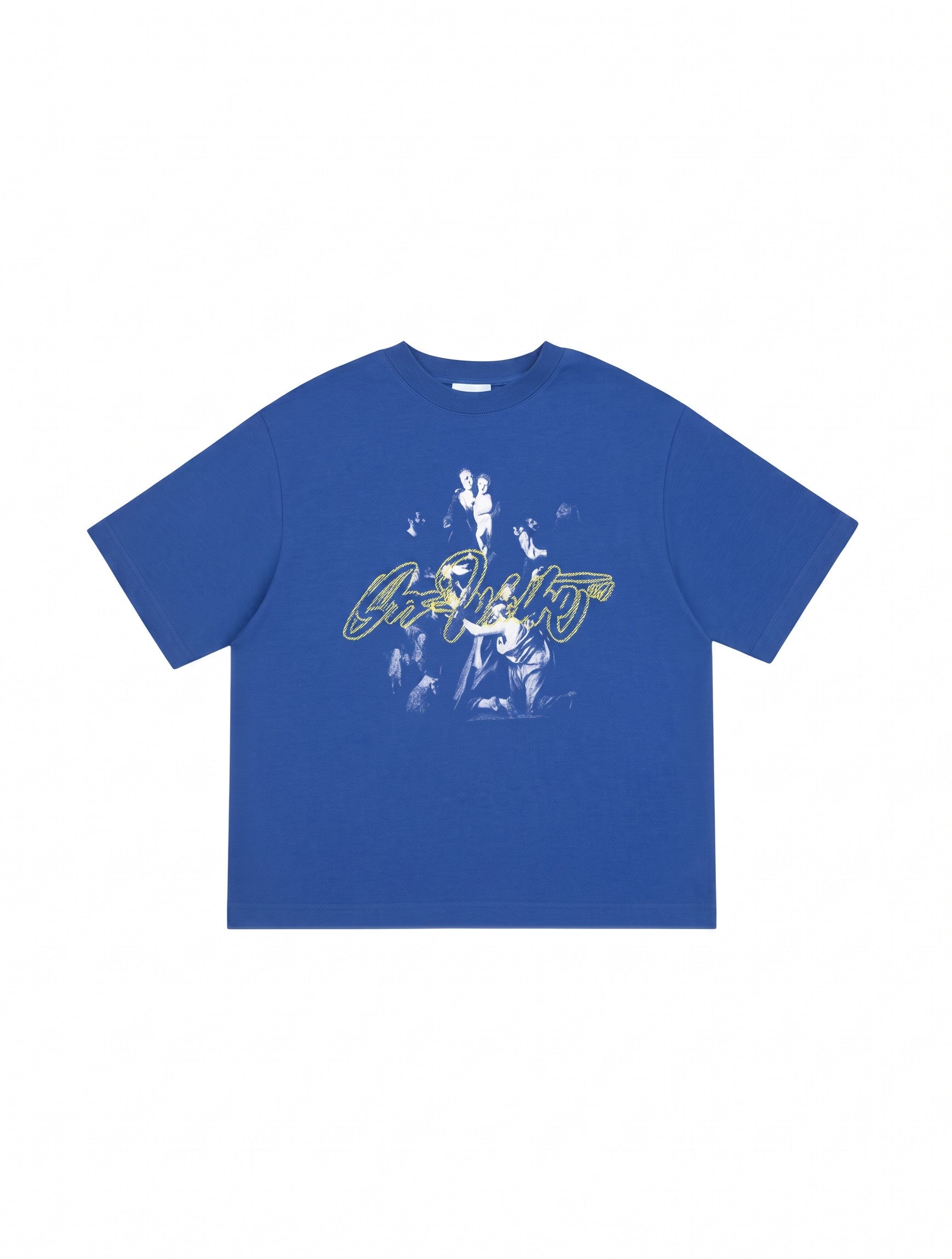 Camiseta azul The Hype Company con estampado gráfico central y logo script en amarillo y blanco