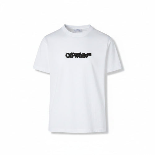 Camiseta blanca de algodón de The Hype Company con logo Off-White en relieve negro en el pecho. Manga corta, cuello redondo.