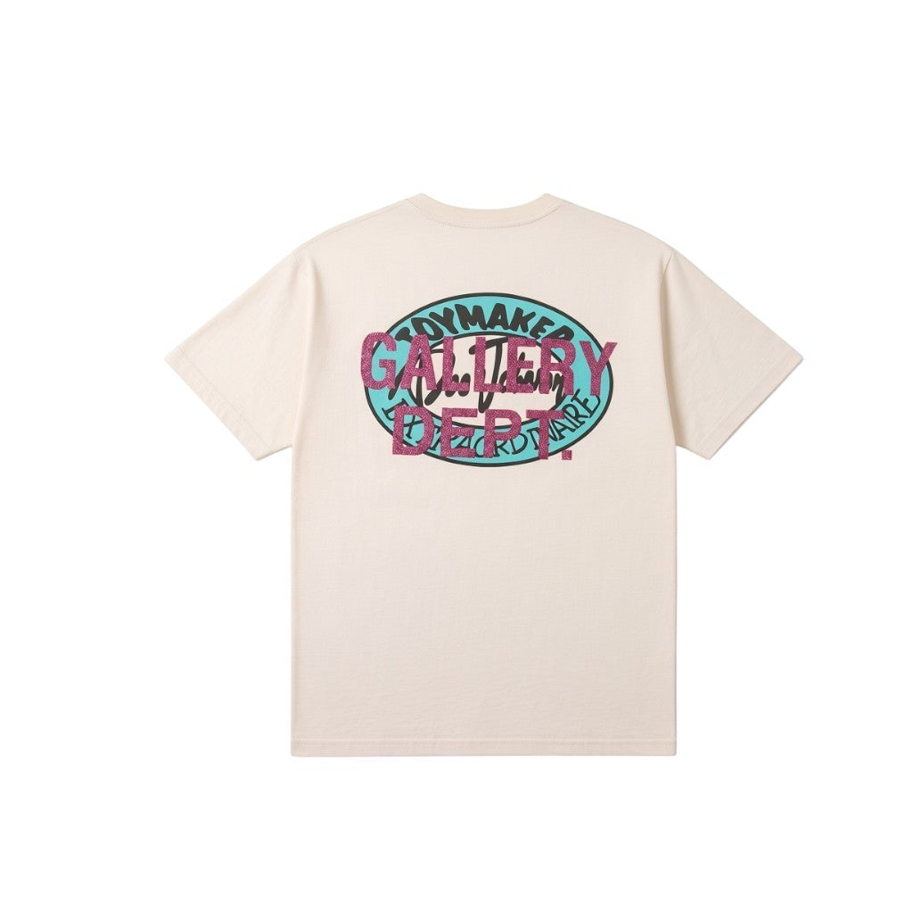 Camiseta The Hype Company GALLERY DEPT. color crema con estampado gráfico circular rosa y azul en la espalda