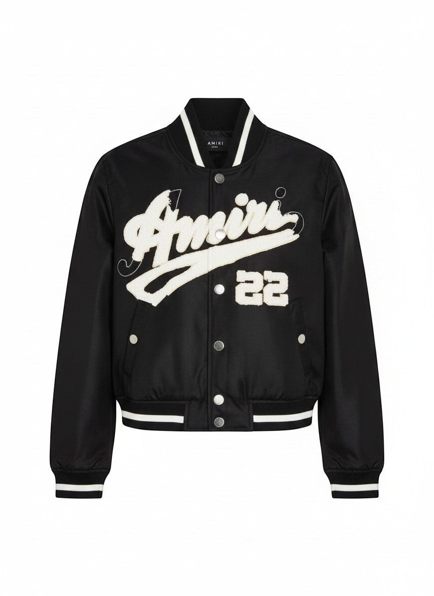 Chaqueta bomber negra de nailon The Hype Company con logo AMIRI 22 desgastado y detalles de rayas en cuello y puños